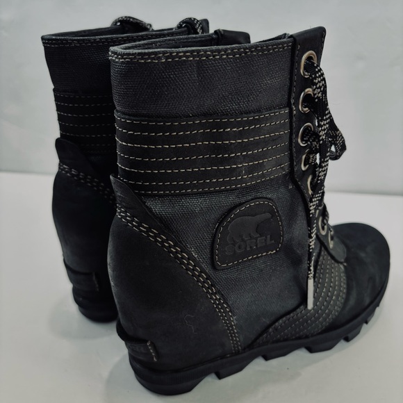 Sorel Lexie Waterproof Black Leather Wedge Heel Lace Up Boots women's 6.5 - Picture 16 of 16
